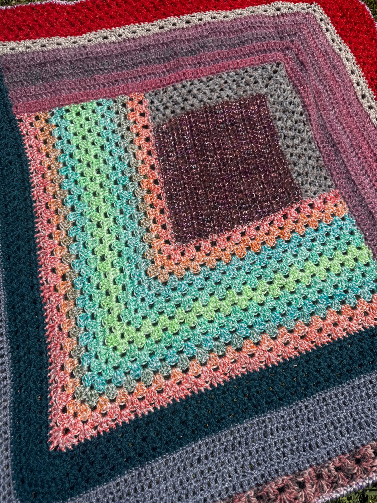 Handmade Crochet Acrylic Blanket – Multicolour Mixed Texture Square Style – Handmade by Lyndsay