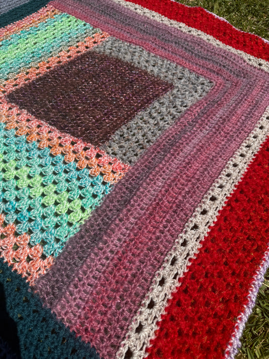 Handmade Crochet Acrylic Blanket – Multicolour Mixed Texture Square Style – Handmade by Lyndsay