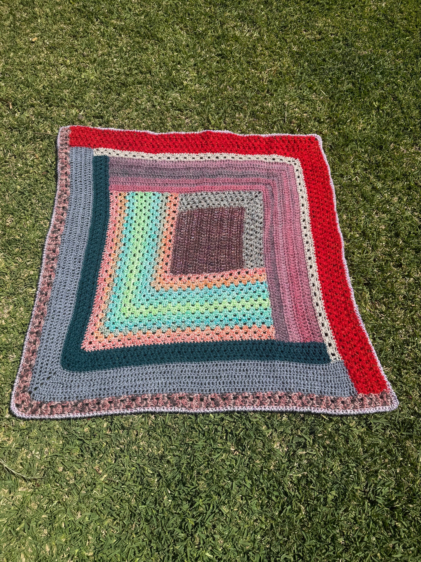Handmade Crochet Acrylic Blanket – Multicolour Mixed Texture Square Style – Handmade by Lyndsay